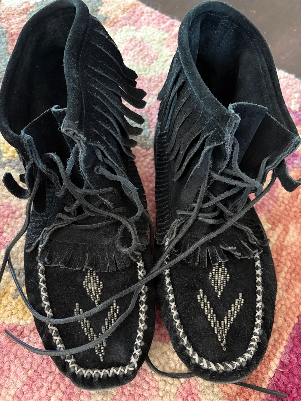MANITOBAH Black Suede Fringed Moccasin Boots with Beaded Inlay & Vibram Soles